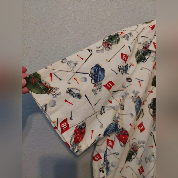 Fins Men's casual button-down shirt Beige Multicolored Golf pattern All over L/X - Picture 4 of 4